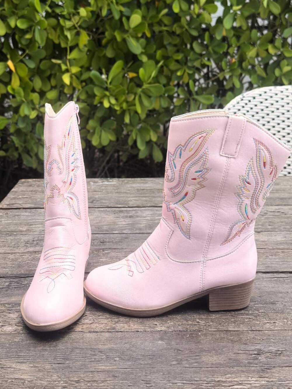 Kids Western Cowgirl Boots Girls Cowboy Boots Round Toe Pink Rainbow Stitch sz 1